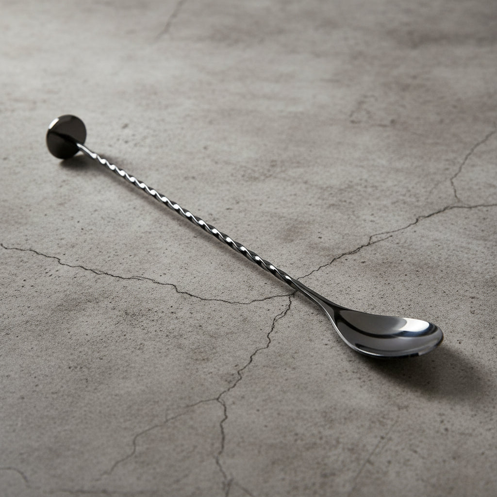 Black spoon with a long handle on a textured concrete surface