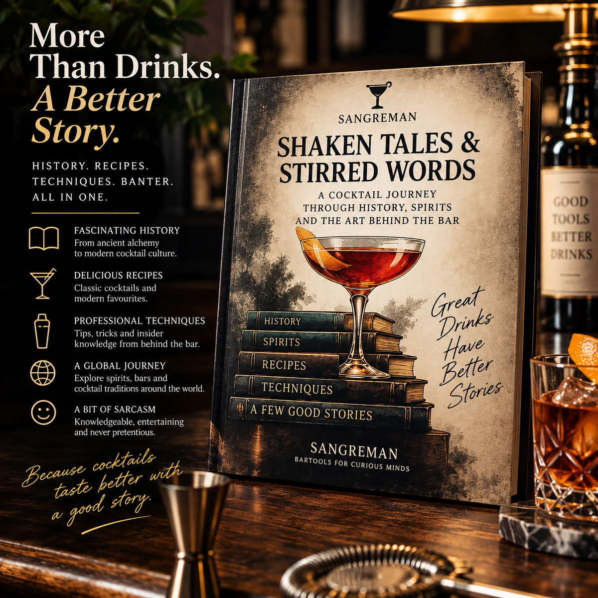 Sangreman cocktail e-book promotional image with classic drinks, bartending tools and cocktail history