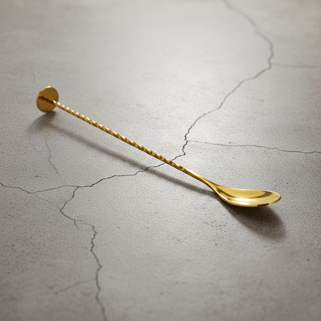 Gold spoon on a textured gray surface