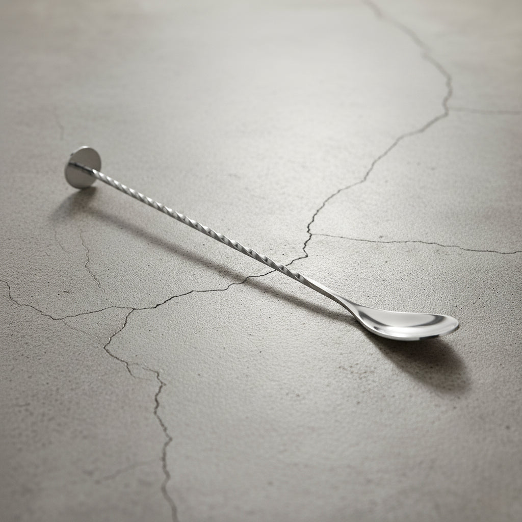 Metallic spoon on a textured gray surface