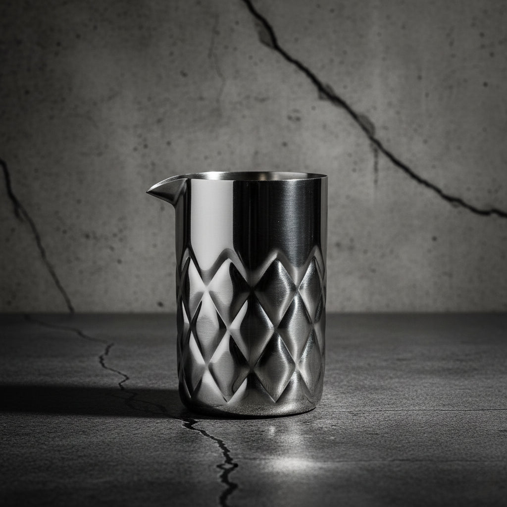 Silver pitcher with geometric pattern on a dark surface and textured wall background