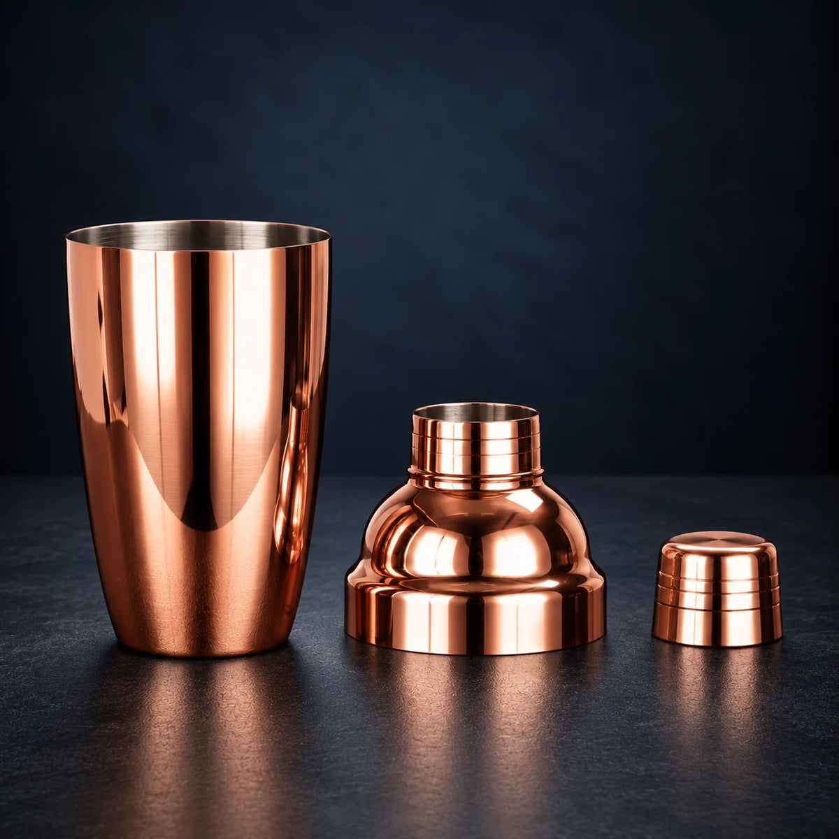 The Copper Cure – Copper Cobbler Cocktail Shaker 550ml, showing its three-piece construction