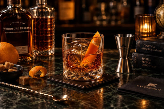 **Alt text:** `Old Fashioned cocktail with whiskey, large ice cube and orange peel in a crystal rocks glass`