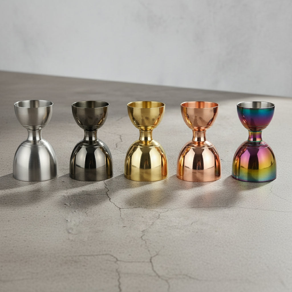 Five metallic jiggers in different colors on a textured surface
