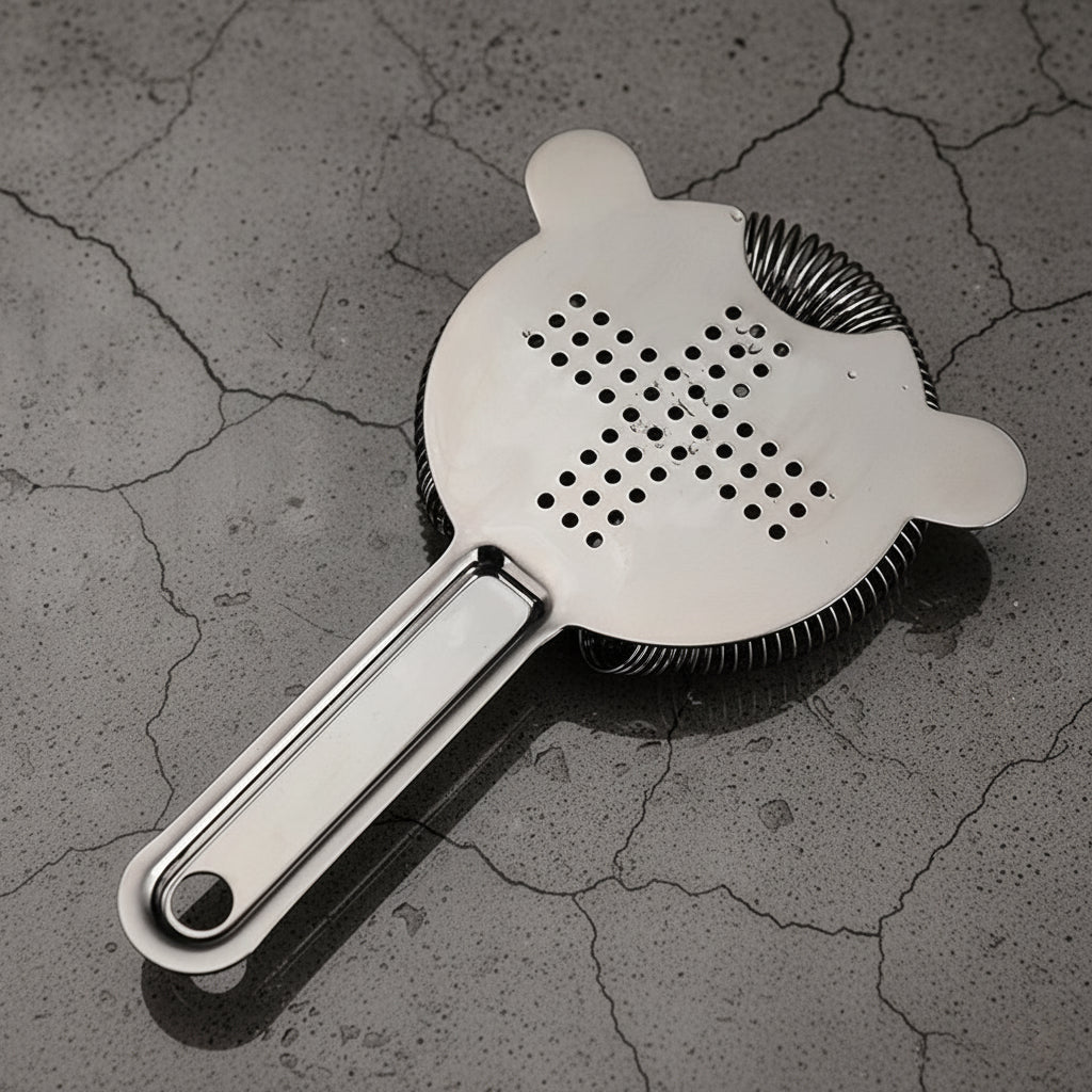 Black cocktail strainer on a textured gray surface