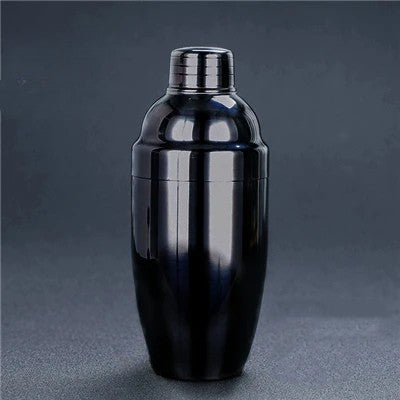 Black cobbler cocktail shaker on a dark gray background