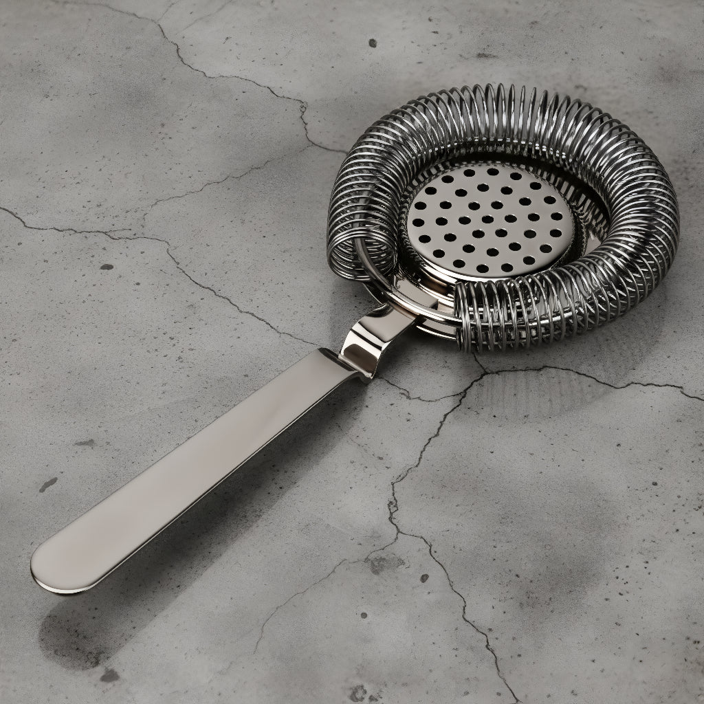 Metallic cocktail strainer on a textured concrete surface