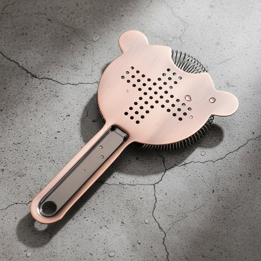 Bronze cocktail strainer on a gray concrete surface