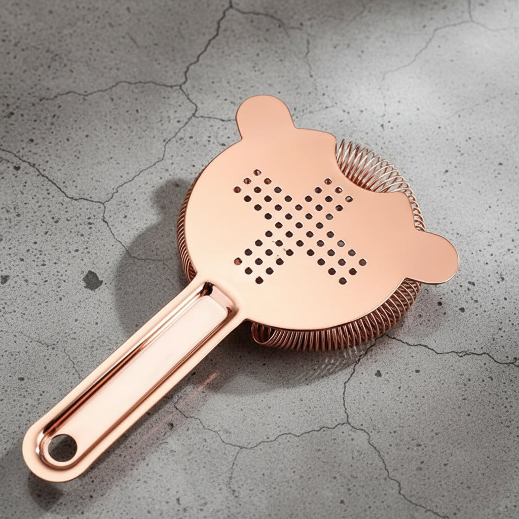 Rose gold cocktail strainer on a gray concrete surface