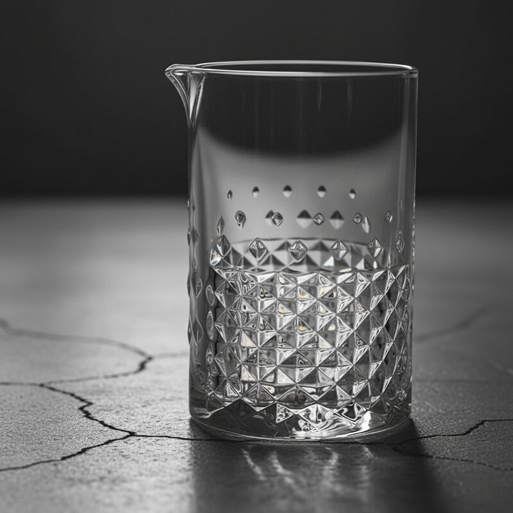 Clear glass pitcher with diamond pattern on a dark surface