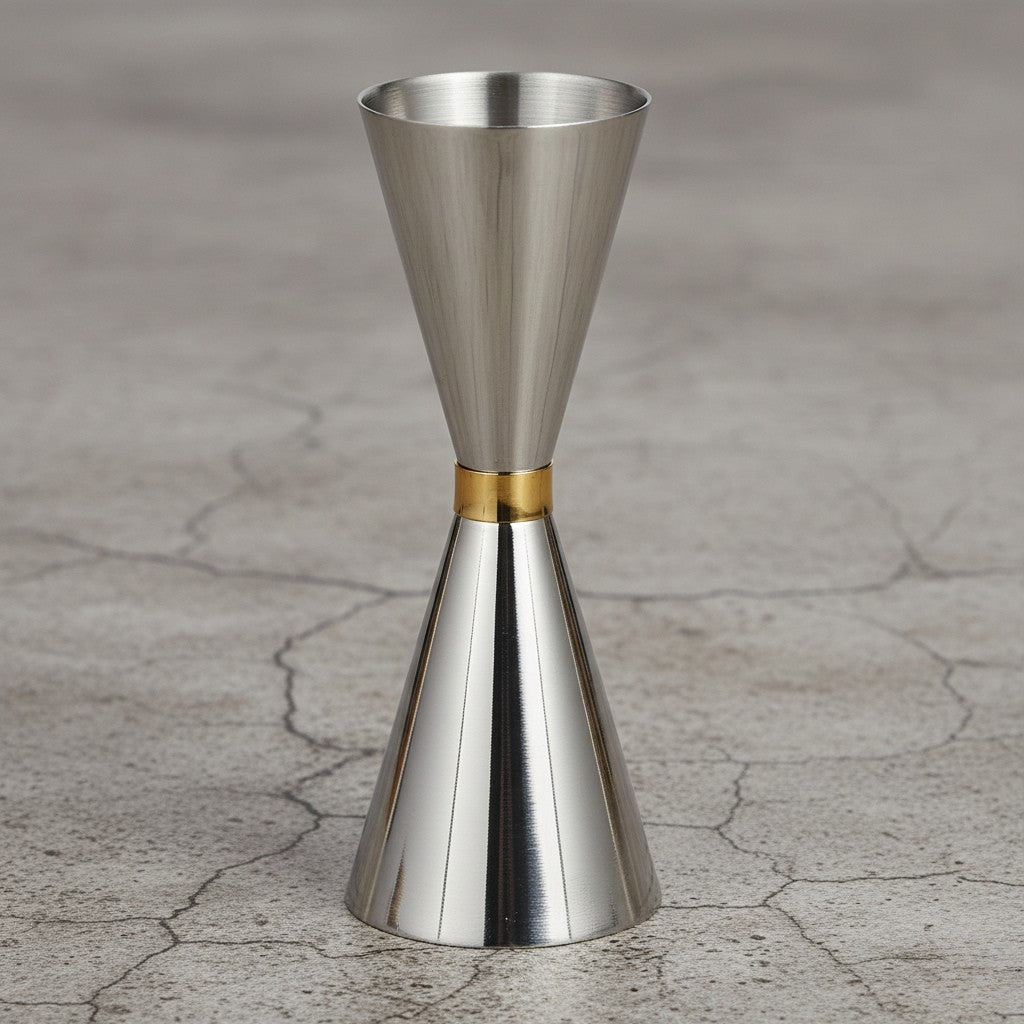 Metallic drink measuring cup with gold accent on a textured surface