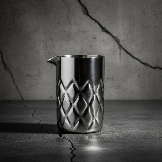 Silver pitcher with geometric pattern on a dark surface and textured wall background