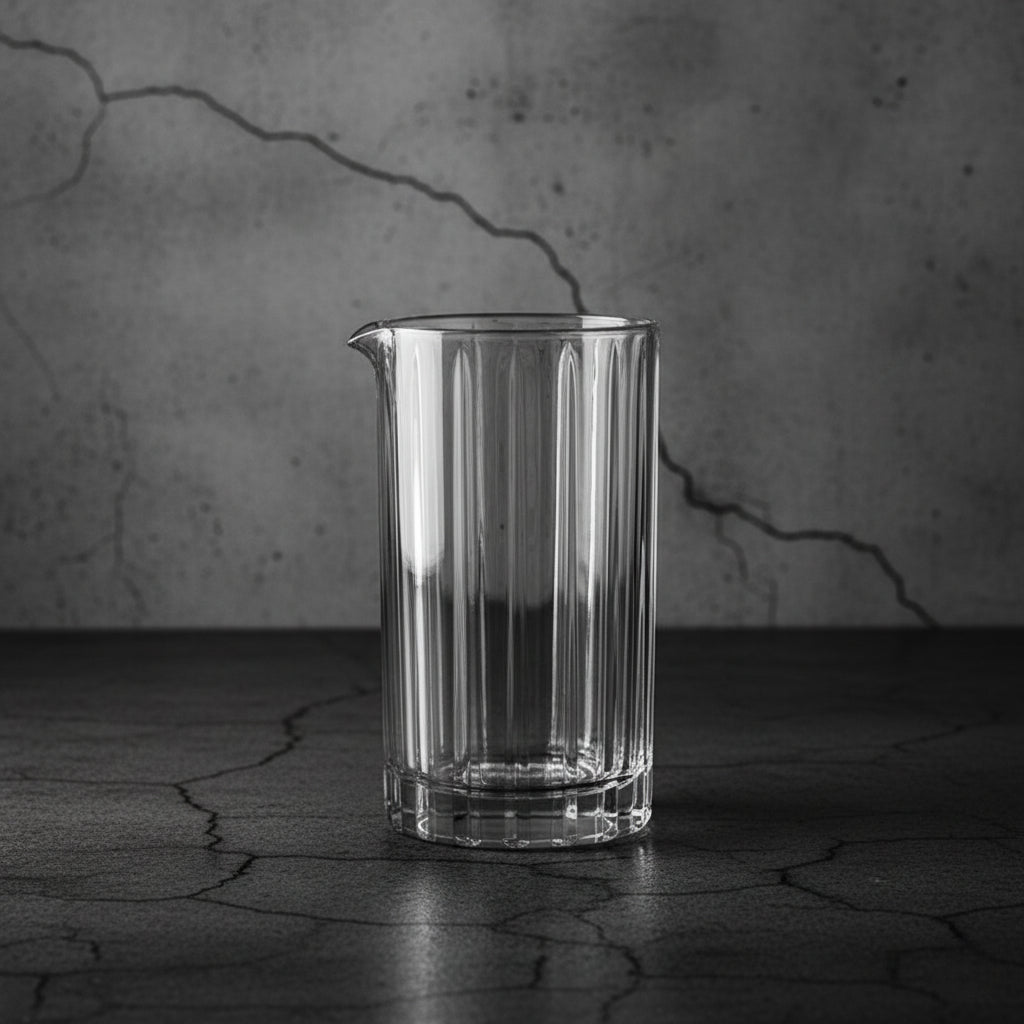 Clear glass pitcher on a textured dark surface with a cracked wall background