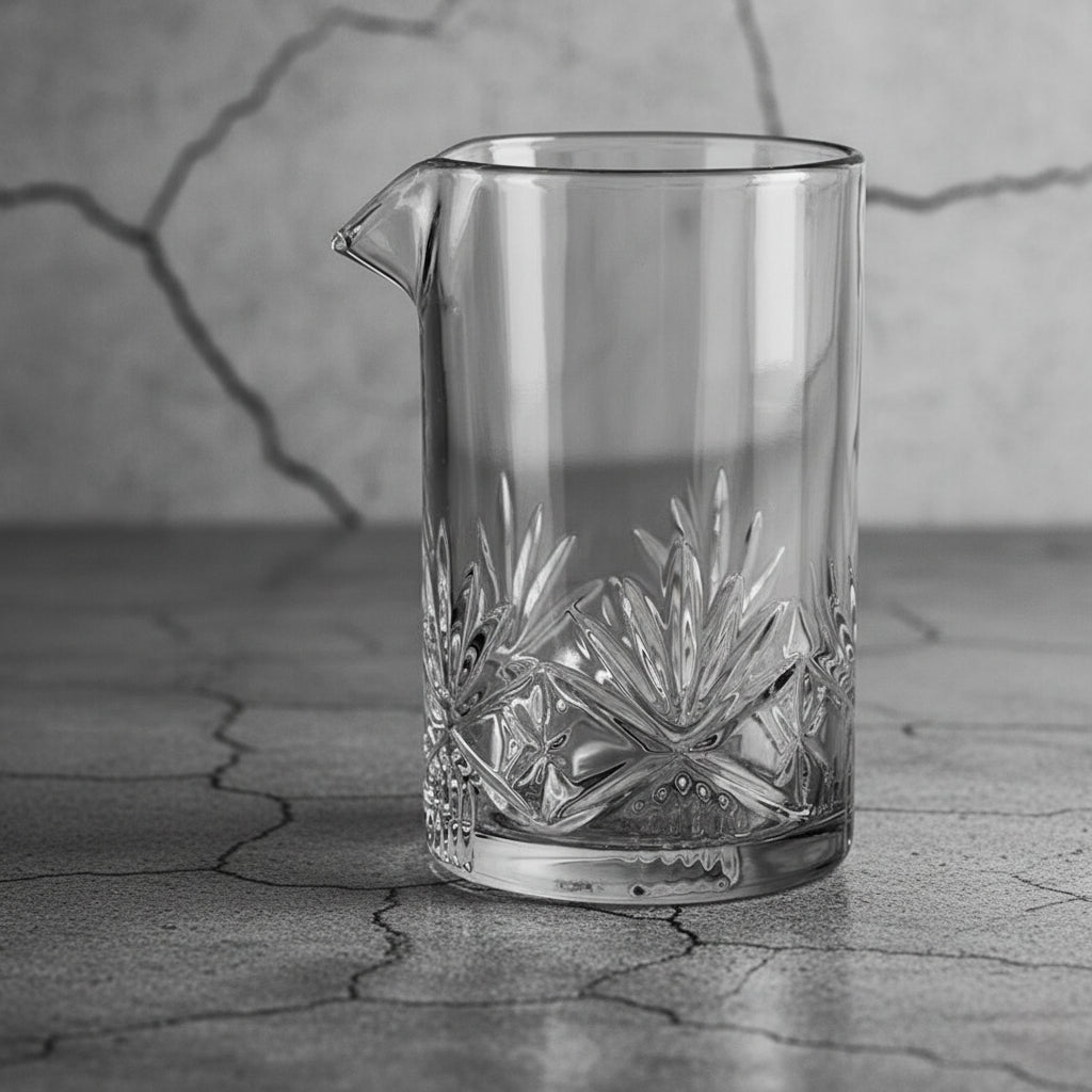 Clear glass pitcher with intricate designs on a textured surface