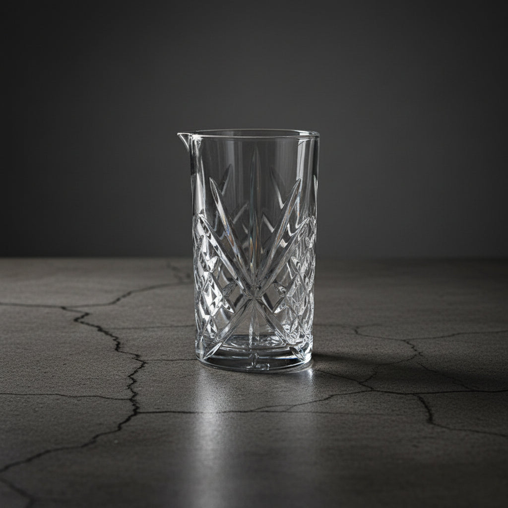 Clear glass pitcher with intricate patterns on a dark, cracked surface