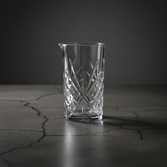 Clear glass pitcher with intricate patterns on a dark, cracked surface