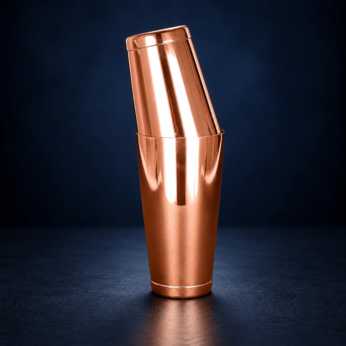 Copper Quake copper Boston cocktail shaker with the smaller tin seated at an angle