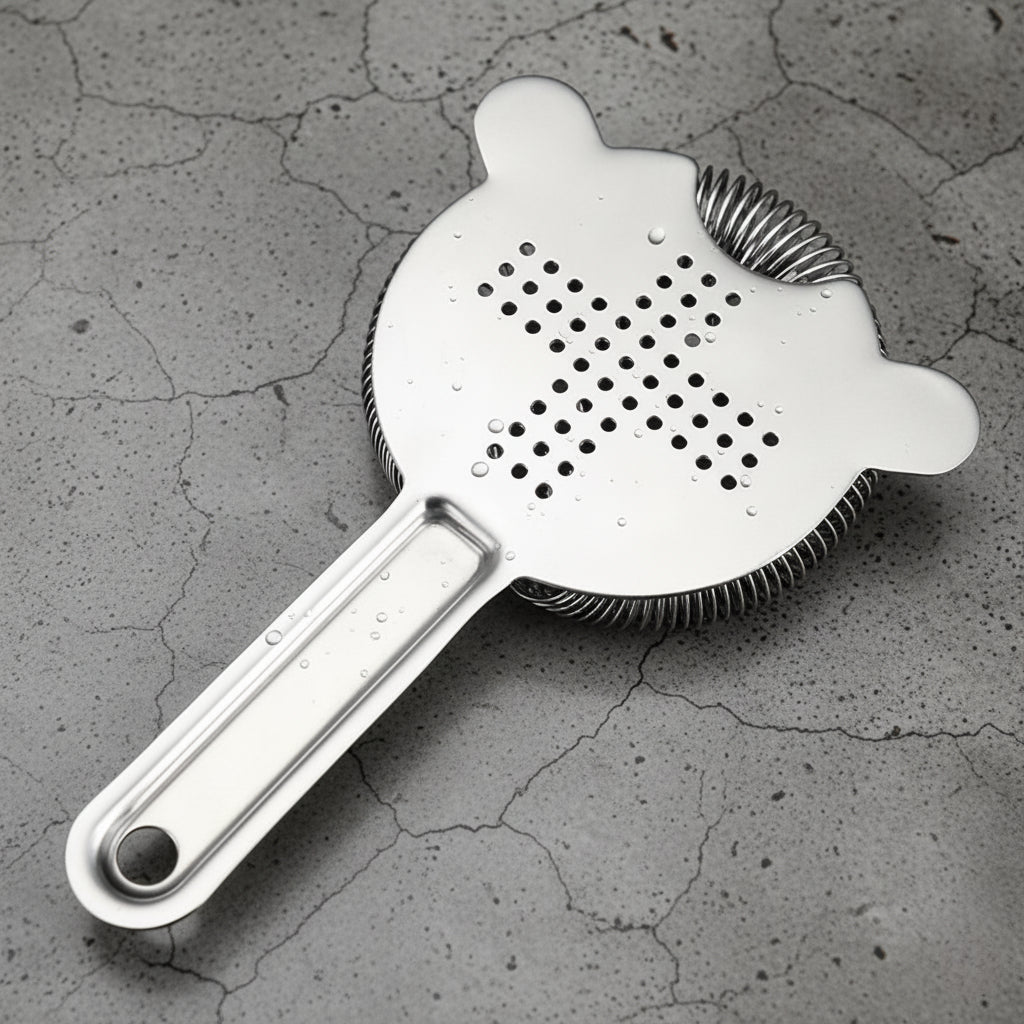 Metallic cocktail strainer on a textured gray surface