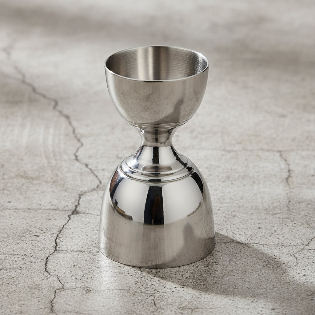 Silver metal jigger on a textured surface